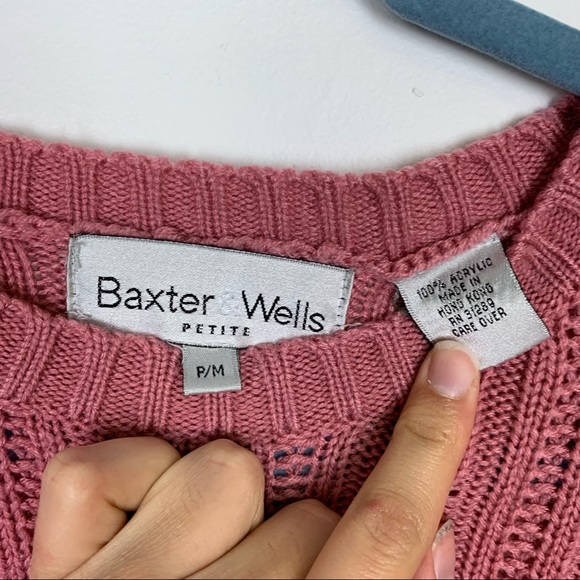 Vintage Blush Pink Cable Knit Padded Shoulder Crew Neck Sweater Baxter Wells - Picture 7 of 10